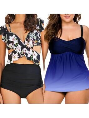 NWOT Amazon Bathing Suits Ruffle Off Shoulder Bikini & Swimdress Bundle Size L